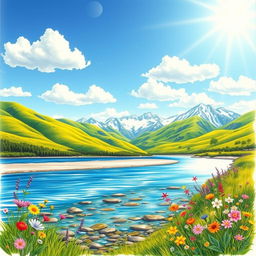 A beautifully detailed drawing of a serene landscape featuring vibrant green hills under a clear blue sky with fluffy white clouds