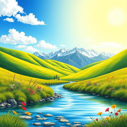 A beautifully detailed drawing of a serene landscape featuring vibrant green hills under a clear blue sky with fluffy white clouds