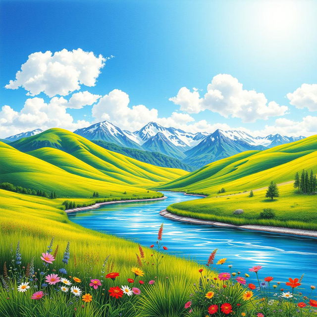 A beautifully detailed drawing of a serene landscape featuring vibrant green hills under a clear blue sky with fluffy white clouds