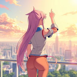 A successful anime girl celebrating her achievements, captured from the back side