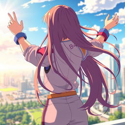 A successful anime girl celebrating her achievements, captured from the back side