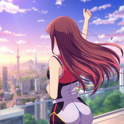 A successful anime girl celebrating her achievements, captured from the back side