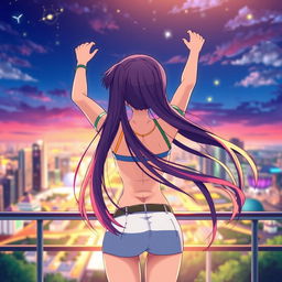A successful anime girl celebrating her achievements, captured from the back side