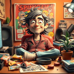 A 3D cartoon-style depiction of a human-like stoner, relaxed and casually sitting behind a cluttered desk