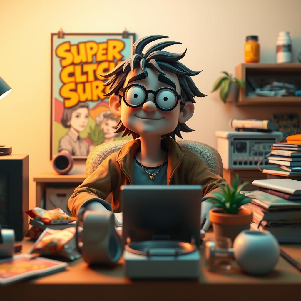 A 3D cartoon-style depiction of a human-like stoner, relaxed and casually sitting behind a cluttered desk