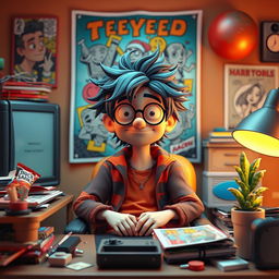 A 3D cartoon-style depiction of a human-like stoner, relaxed and casually sitting behind a cluttered desk