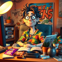 A 3D cartoon-style depiction of a human-like stoner, relaxed and casually sitting behind a cluttered desk