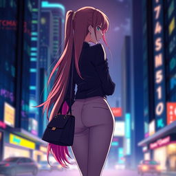 A successful anime girl standing confidently with her back facing the viewer, showcasing a stylish, vibrant outfit that highlights her unique personality