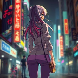 A successful anime girl standing confidently with her back facing the viewer, showcasing a stylish, vibrant outfit that highlights her unique personality