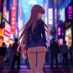 A successful anime girl standing confidently with her back facing the viewer, showcasing a stylish, vibrant outfit that highlights her unique personality