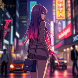 A successful anime girl standing confidently with her back facing the viewer, showcasing a stylish, vibrant outfit that highlights her unique personality