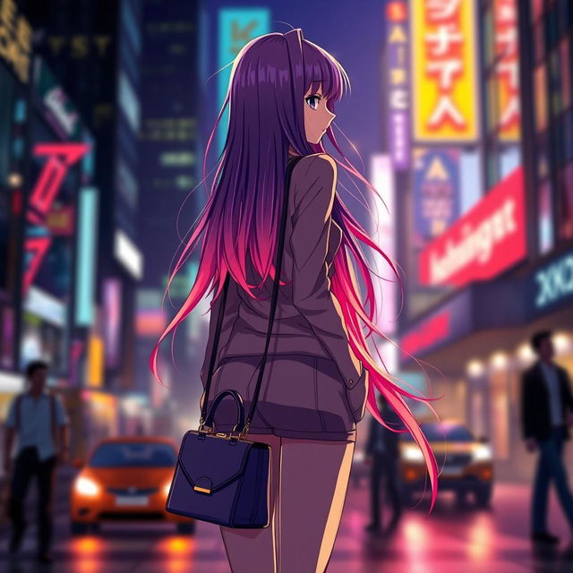 A successful anime girl standing confidently with her back facing the viewer, showcasing a stylish, vibrant outfit that highlights her unique personality