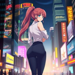 A successful anime girl standing confidently, showcasing her stylish outfit from the back