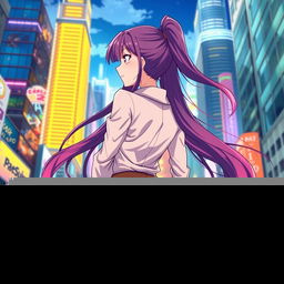 A successful anime girl standing confidently, showcasing her stylish outfit from the back