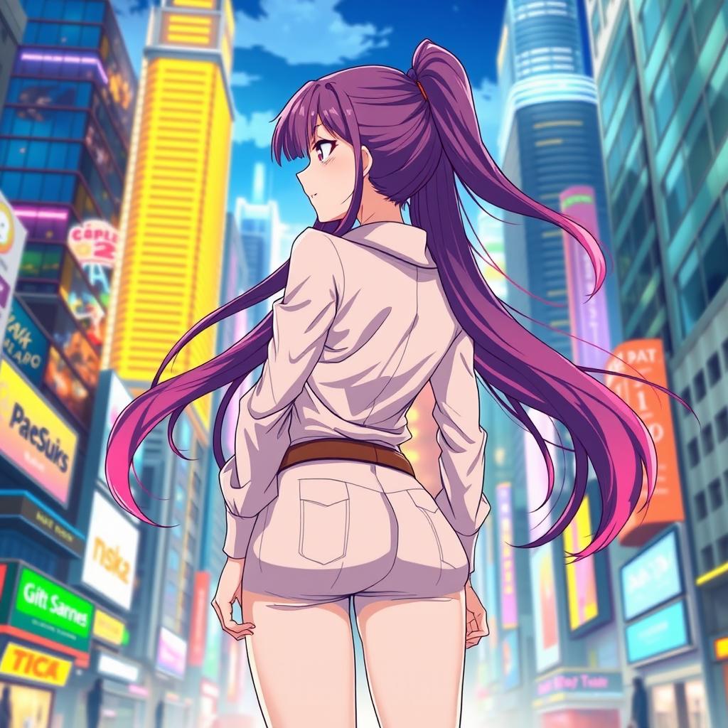 A successful anime girl standing confidently, showcasing her stylish outfit from the back