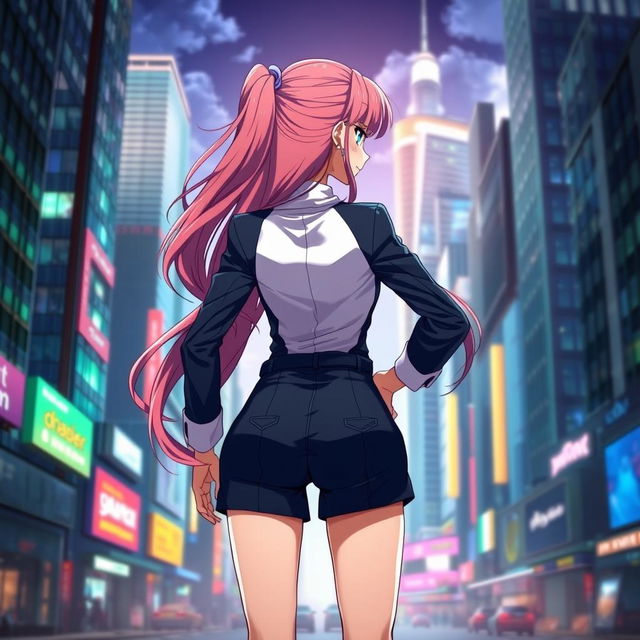A successful anime girl standing confidently, showcasing her stylish outfit from the back