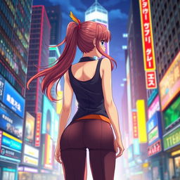 A successful anime girl standing confidently, showcasing her stylish outfit from the back