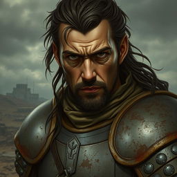 A character with a detailed and expressive face, wearing old war body armor that showcases intricate designs and weathering, conveying a sense of history and battles fought