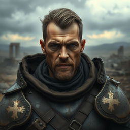 A character with a detailed and expressive face, wearing old war body armor that showcases intricate designs and weathering, conveying a sense of history and battles fought
