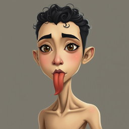 A tall, male figure with an oval face, broad lips, and almond-shaped eyes that have long and curly eyelashes