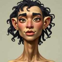 A tall, male figure with an oval face, broad lips, and almond-shaped eyes that have long and curly eyelashes