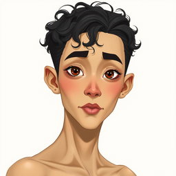 A tall, male figure with an oval face, broad lips, and almond-shaped eyes that have long and curly eyelashes