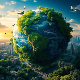 A futuristic Earth in the year 2200, showcasing a lush and thriving planet without humans