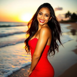 A stunning Latina woman with long, flowing dark hair and sun-kissed skin, wearing a vibrant, form-fitting red dress that accentuates her curves