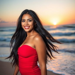A stunning Latina woman with long, flowing dark hair and sun-kissed skin, wearing a vibrant, form-fitting red dress that accentuates her curves