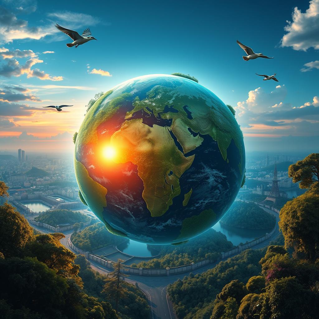 A futuristic Earth in the year 2200, showcasing a lush and thriving planet without humans