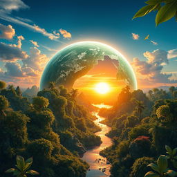 A futuristic Earth in the year 2200, showcasing a lush and thriving planet without humans