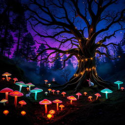 An enchanting forest scene during twilight featuring vibrant, luminescent mushrooms spread across the forest floor