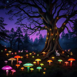 An enchanting forest scene during twilight featuring vibrant, luminescent mushrooms spread across the forest floor