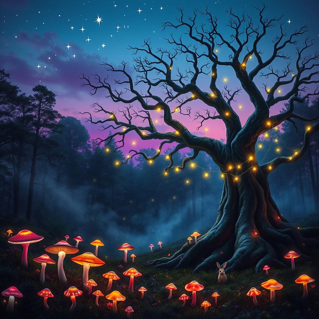 An enchanting forest scene during twilight featuring vibrant, luminescent mushrooms spread across the forest floor