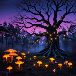An enchanting forest scene during twilight featuring vibrant, luminescent mushrooms spread across the forest floor