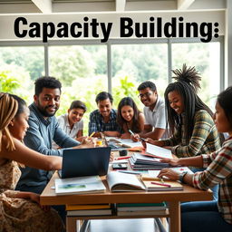 An inspiring image representing capacity building, showcasing a diverse group of individuals engaged in collaborative learning and skill development