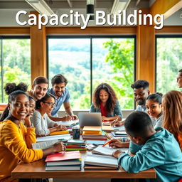 An inspiring image representing capacity building, showcasing a diverse group of individuals engaged in collaborative learning and skill development