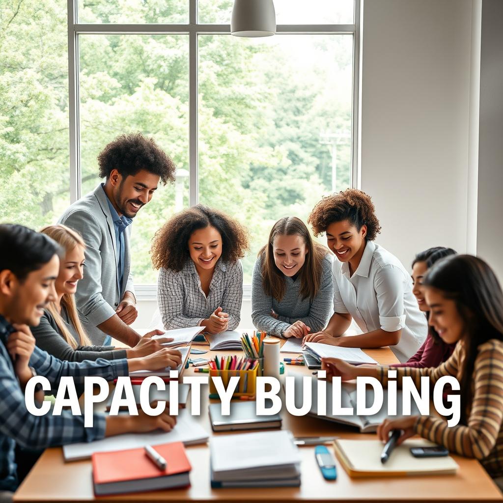 An inspiring image representing capacity building, showcasing a diverse group of individuals engaged in collaborative learning and skill development