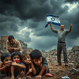 A poignant scene depicting the plight of innocent children in Gaza seeking shelter under the bombardment