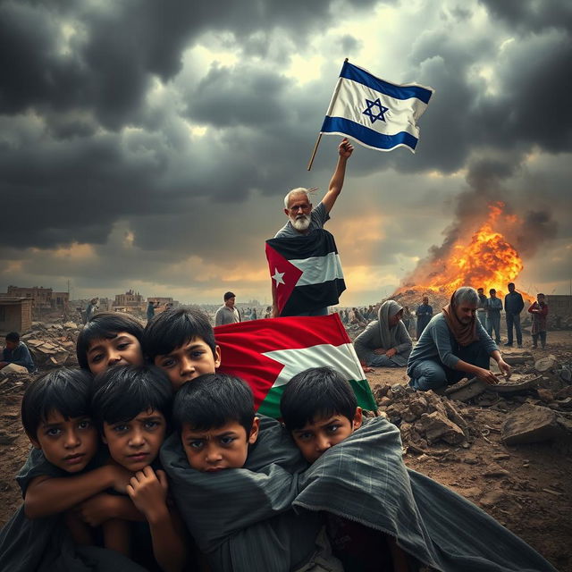 A poignant scene depicting the plight of innocent children in Gaza seeking shelter under the bombardment