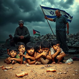 A poignant scene depicting the plight of innocent children in Gaza seeking shelter under the bombardment