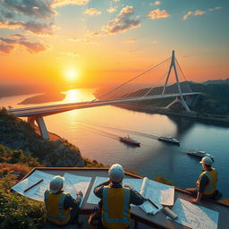 A highly detailed and realistic visualization of a modern bridge design project, showcasing a sleek and innovative bridge structure over a vast river