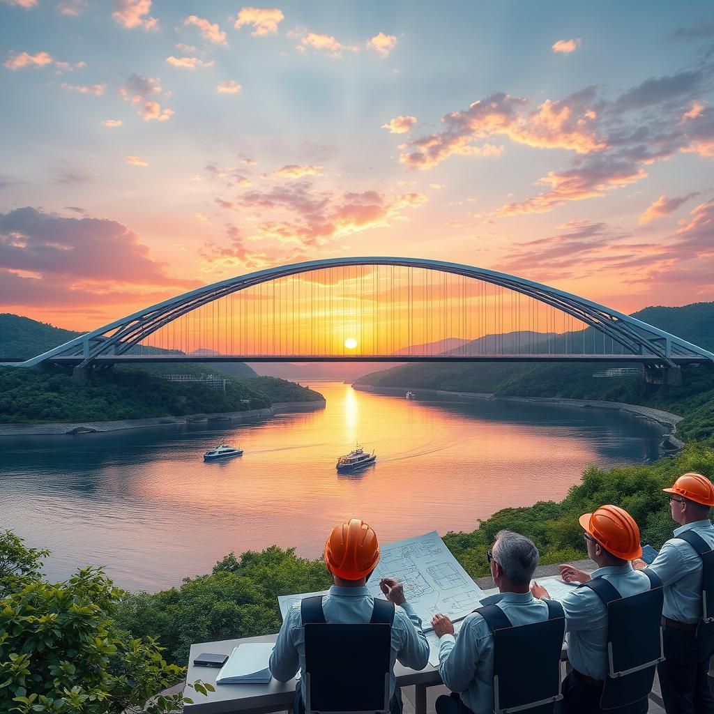 A highly detailed and realistic visualization of a modern bridge design project, showcasing a sleek and innovative bridge structure over a vast river