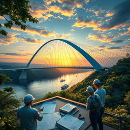 A highly detailed and realistic visualization of a modern bridge design project, showcasing a sleek and innovative bridge structure over a vast river