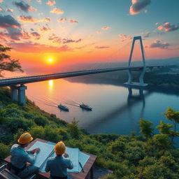A highly detailed and realistic visualization of a modern bridge design project, showcasing a sleek and innovative bridge structure over a vast river