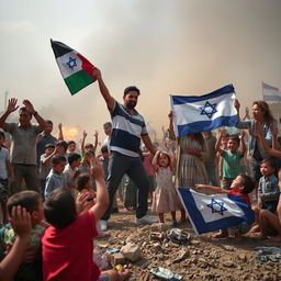 In a war-torn Gaza setting, children are desperately seeking shelter from bombings, with an Israeli man holding a Gazan flag while forcefully planting an Israeli flag into the ground