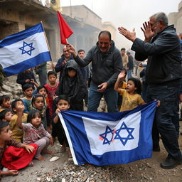 In a war-torn Gaza setting, children are desperately seeking shelter from bombings, with an Israeli man holding a Gazan flag while forcefully planting an Israeli flag into the ground
