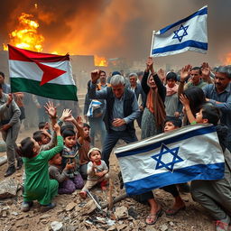 In a war-torn Gaza setting, children are desperately seeking shelter from bombings, with an Israeli man holding a Gazan flag while forcefully planting an Israeli flag into the ground