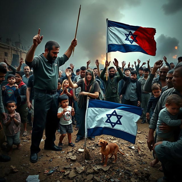 In a war-torn Gaza setting, children are desperately seeking shelter from bombings, with an Israeli man holding a Gazan flag while forcefully planting an Israeli flag into the ground