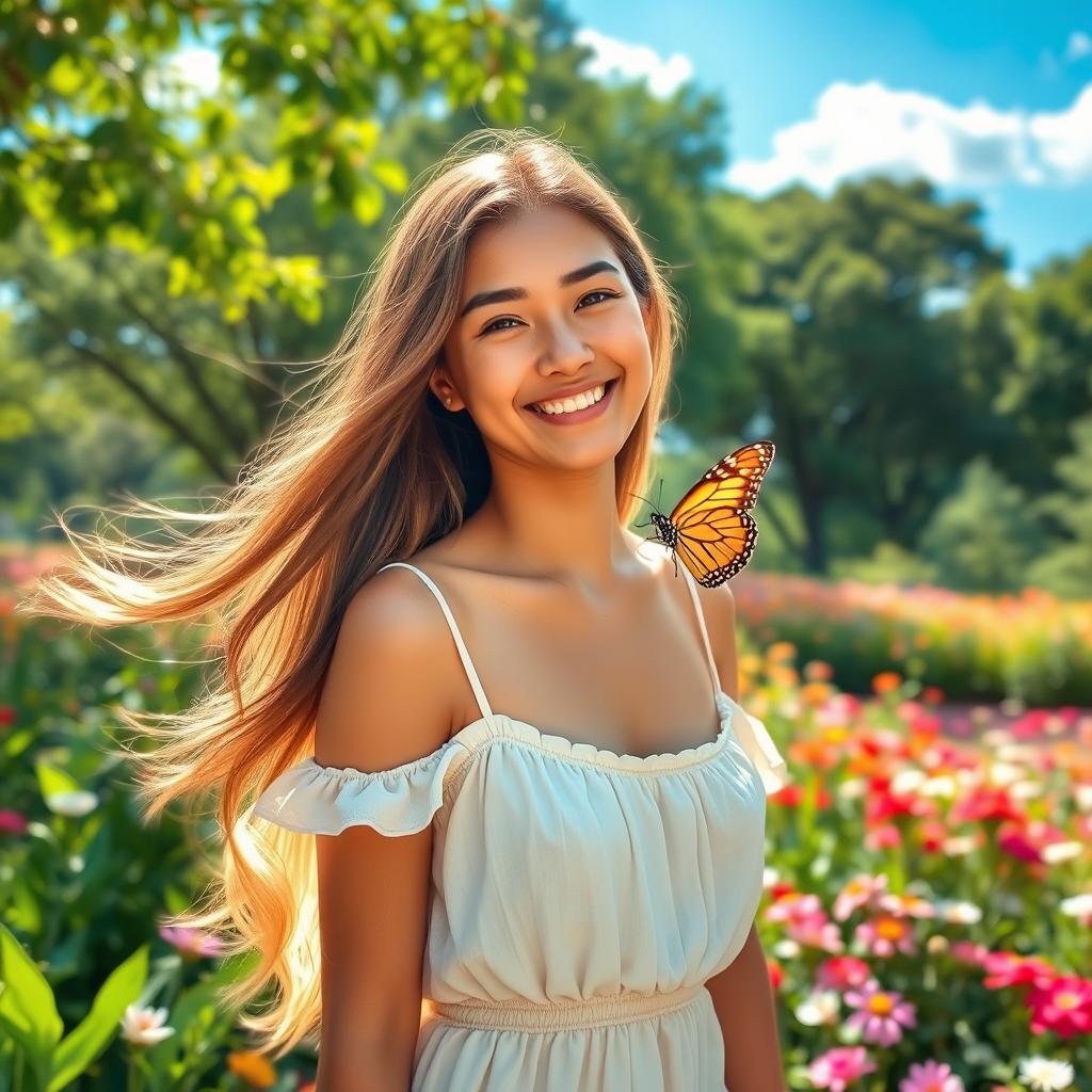 A beautiful young woman with long flowing hair and a bright smile, standing in a lush green garden surrounded by colorful flowers